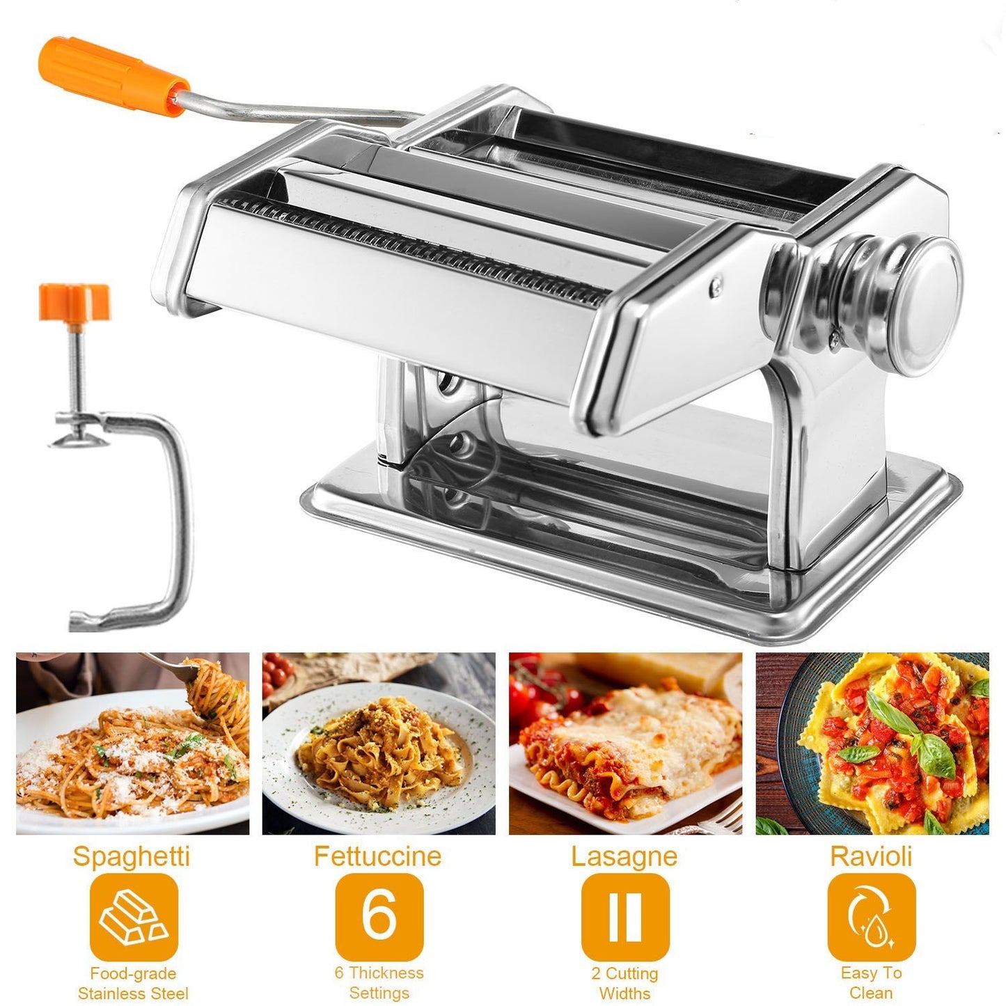 Italian Pasta Making Machine – Manual Stainless Steel Pasta Roller with Adjustable Thickness for Fettuccine, Spaghetti & More