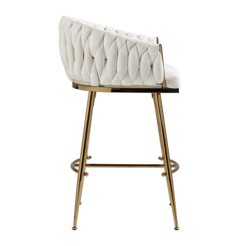 26" Velvet Counter-Height Bar Stools (Set of 2) – Hand-Wave Back, Gold Chrome Base & Footrest for Kitchen Island or Home Bar