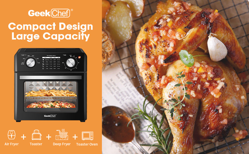 Geek Chef 10QT Air Fryer Toaster Oven – Oil-Free, 4-Slice Countertop Oven with Bake, Broil, Toast, Warm, and Air Fry Functions – Black Stainless Steel