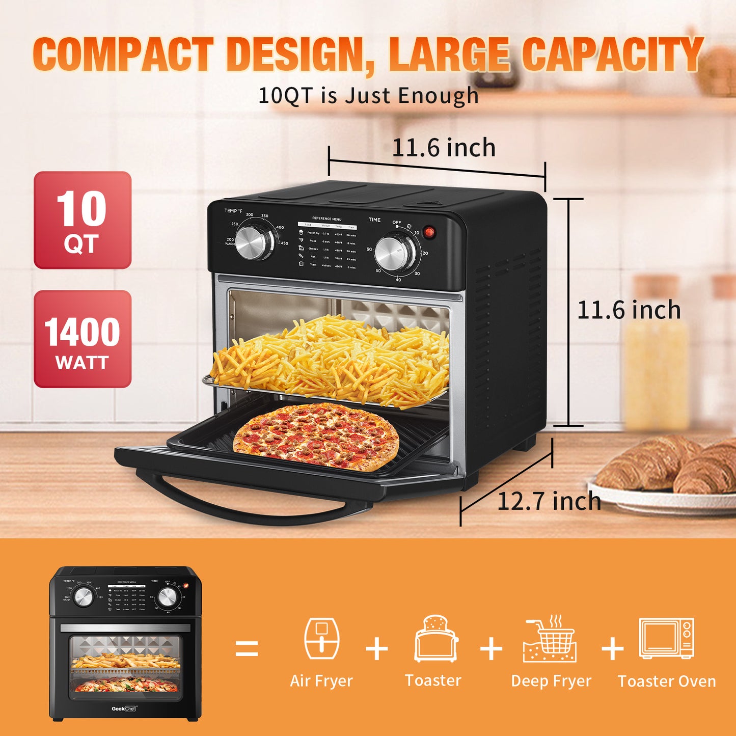 Geek Chef 10QT Air Fryer Toaster Oven – Oil-Free, 4-Slice Countertop Oven with Bake, Broil, Toast, Warm, and Air Fry Functions – Black Stainless Steel