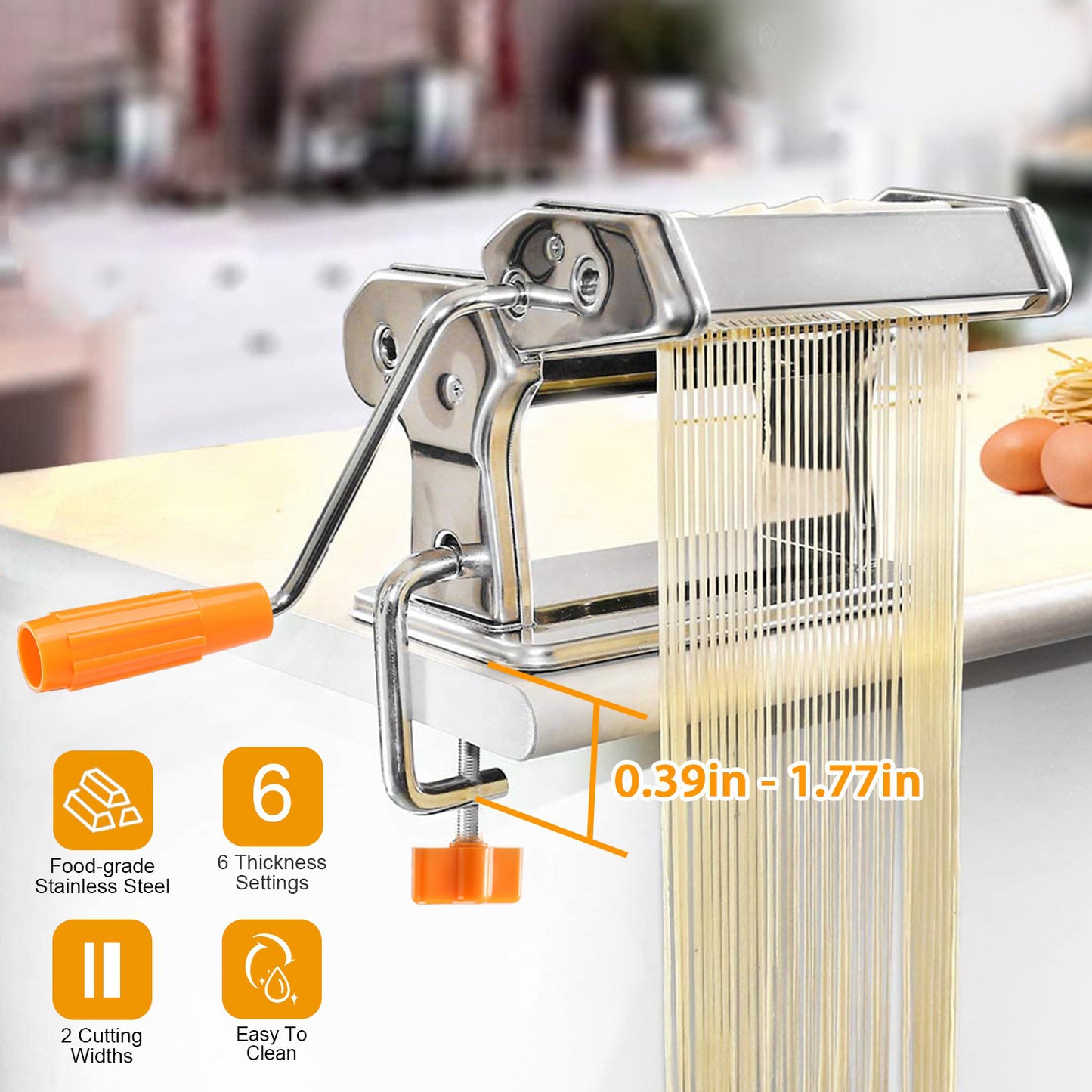 Italian Pasta Making Machine – Manual Stainless Steel Pasta Roller with Adjustable Thickness for Fettuccine, Spaghetti & More