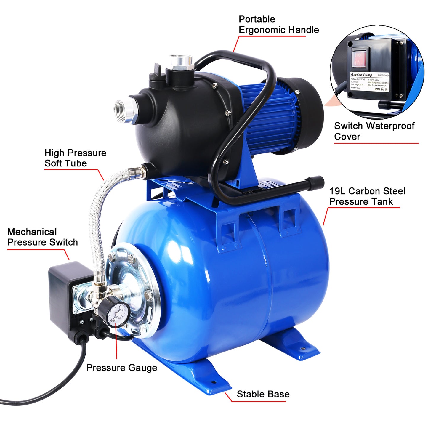 1.6HP Shallow Well Pump with Pressure Tank – Automatic Water Booster Pump for Home & Garden Irrigation