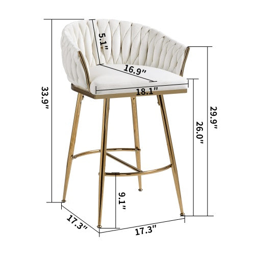 26" Velvet Counter-Height Bar Stools (Set of 2) – Hand-Wave Back, Gold Chrome Base & Footrest for Kitchen Island or Home Bar
