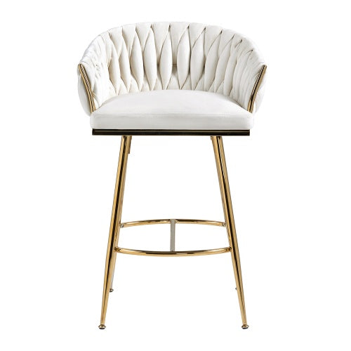 26" Velvet Counter-Height Bar Stools (Set of 2) – Hand-Wave Back, Gold Chrome Base & Footrest for Kitchen Island or Home Bar