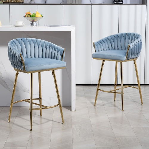 26" Velvet Counter-Height Bar Stools (Set of 2) – Hand-Wave Back, Gold Chrome Base & Footrest for Kitchen Island or Home Bar