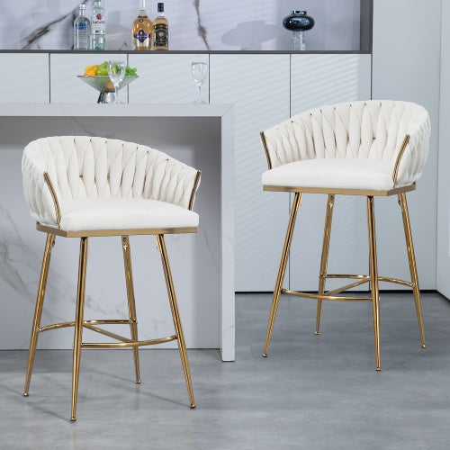 26" Velvet Counter-Height Bar Stools (Set of 2) – Hand-Wave Back, Gold Chrome Base & Footrest for Kitchen Island or Home Bar