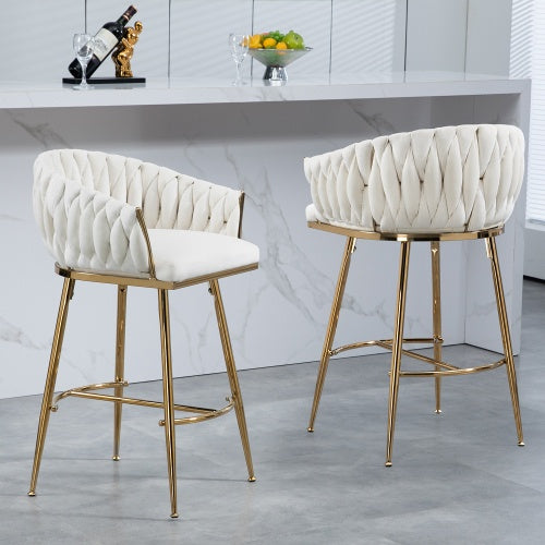 26" Velvet Counter-Height Bar Stools (Set of 2) – Hand-Wave Back, Gold Chrome Base & Footrest for Kitchen Island or Home Bar
