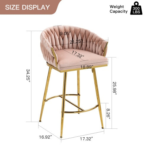 26" Velvet Counter-Height Bar Stools (Set of 2) – Hand-Wave Back, Gold Chrome Base & Footrest for Kitchen Island or Home Bar