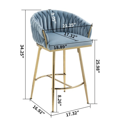 26" Velvet Counter-Height Bar Stools (Set of 2) – Hand-Wave Back, Gold Chrome Base & Footrest for Kitchen Island or Home Bar