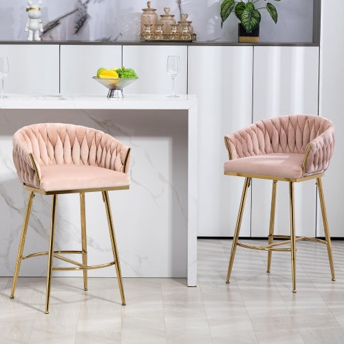 26" Velvet Counter-Height Bar Stools (Set of 2) – Hand-Wave Back, Gold Chrome Base & Footrest for Kitchen Island or Home Bar