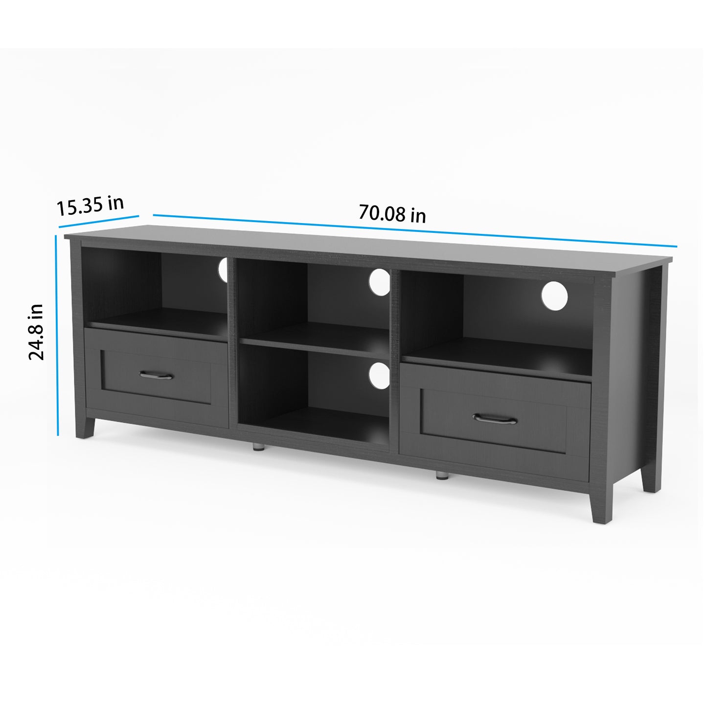 70" Black TV Stand / Under TV Cabinet with Drawers & Open Storage – Modern Entertainment Unit for Living Room or Bedroom