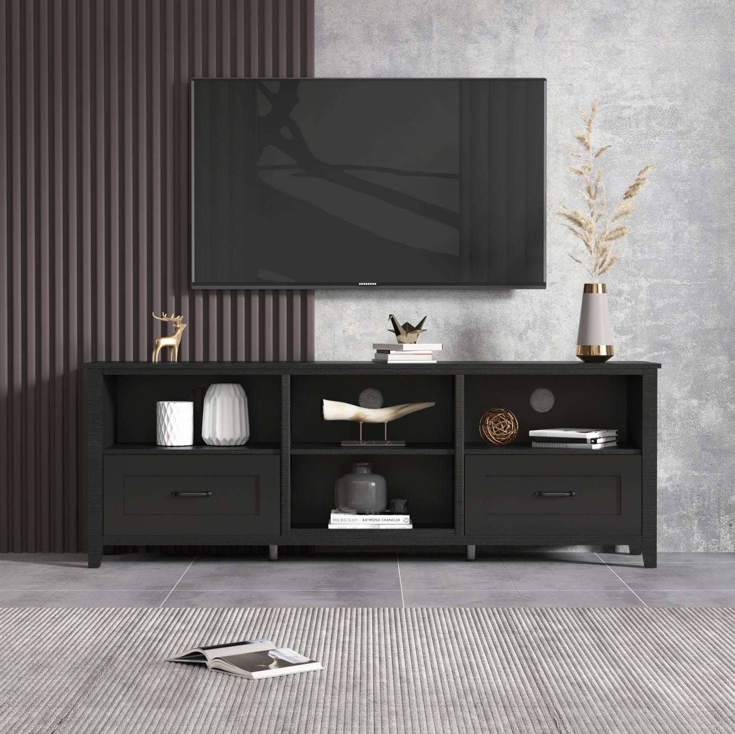 70" Black TV Stand / Under TV Cabinet with Drawers & Open Storage – Modern Entertainment Unit for Living Room or Bedroom