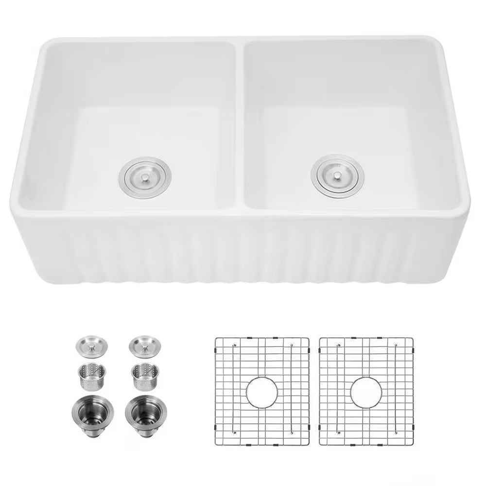 White Ceramic Double Basin Farmhouse Kitchen Sink – Rectangular Apron Front Vessel Sink, Heat & Scratch Resistant