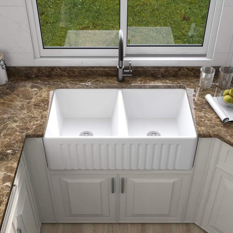 White Ceramic Double Basin Farmhouse Kitchen Sink – Rectangular Apron Front Vessel Sink, Heat & Scratch Resistant