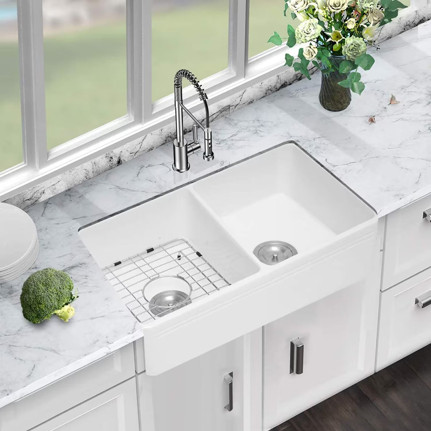 White Ceramic Double Basin Farmhouse Kitchen Sink – Rectangular Apron Front Vessel Sink, Heat & Scratch Resistant