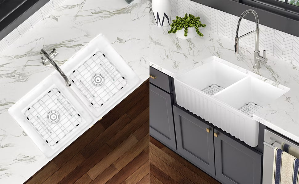White Ceramic Double Basin Farmhouse Kitchen Sink – Rectangular Apron Front Vessel Sink, Heat & Scratch Resistant