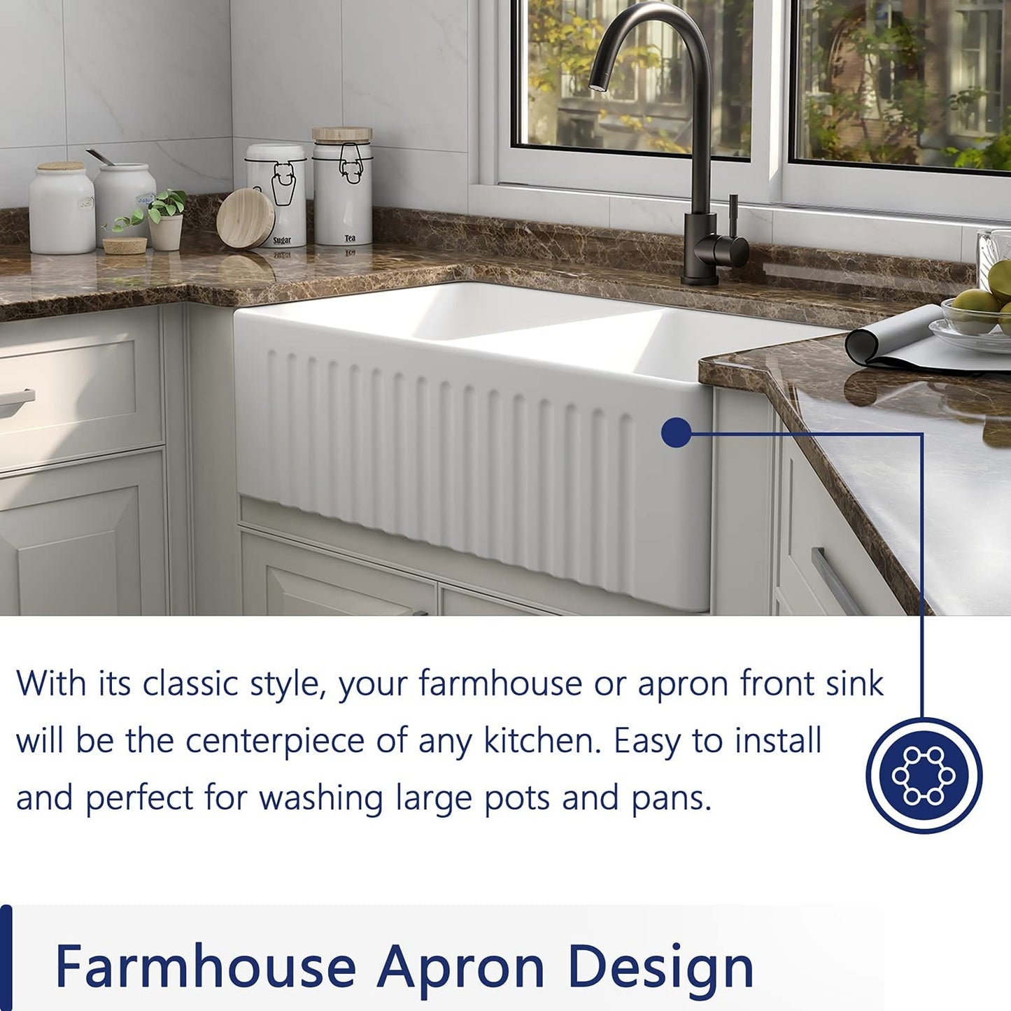 White Ceramic Double Basin Farmhouse Kitchen Sink – Rectangular Apron Front Vessel Sink, Heat & Scratch Resistant