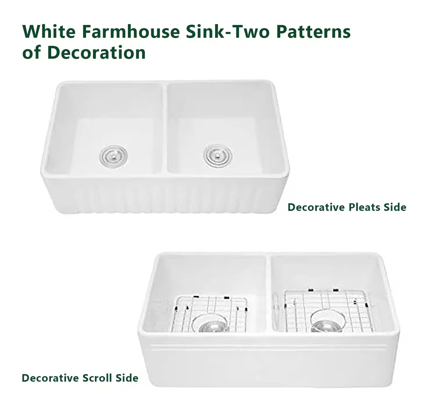 White Ceramic Double Basin Farmhouse Kitchen Sink – Rectangular Apron Front Vessel Sink, Heat & Scratch Resistant