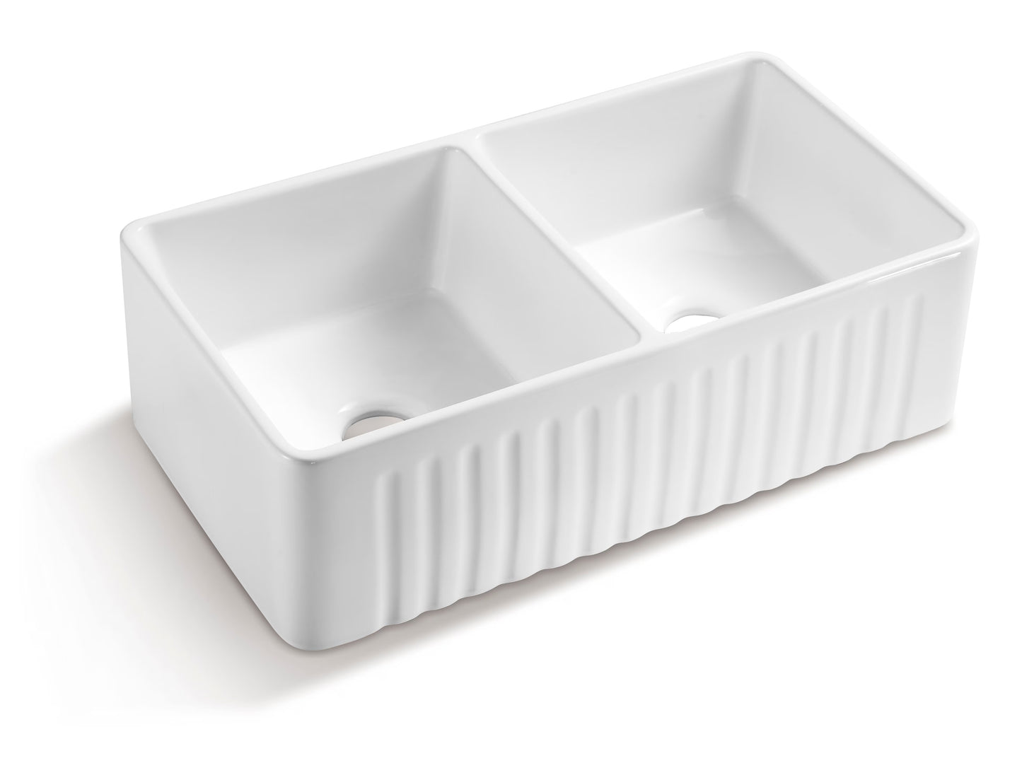 White Ceramic Double Basin Farmhouse Kitchen Sink – Rectangular Apron Front Vessel Sink, Heat & Scratch Resistant