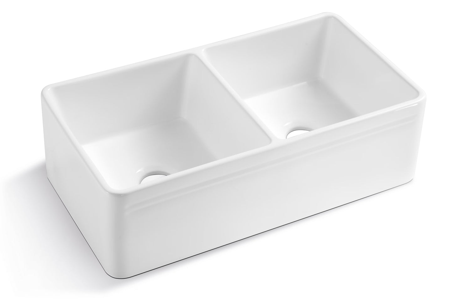 White Ceramic Double Basin Farmhouse Kitchen Sink – Rectangular Apron Front Vessel Sink, Heat & Scratch Resistant