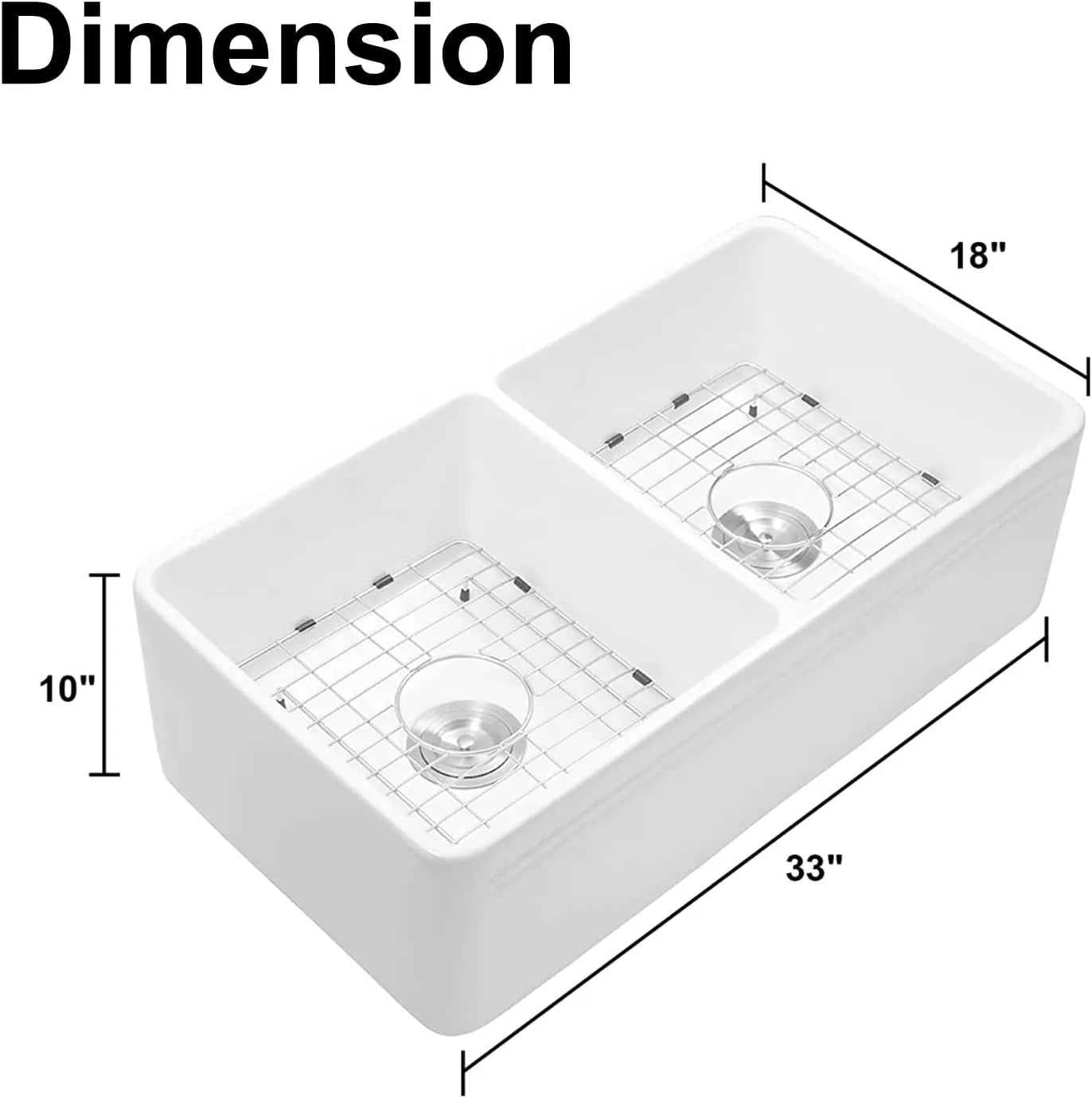 White Ceramic Double Basin Farmhouse Kitchen Sink – Rectangular Apron Front Vessel Sink, Heat & Scratch Resistant