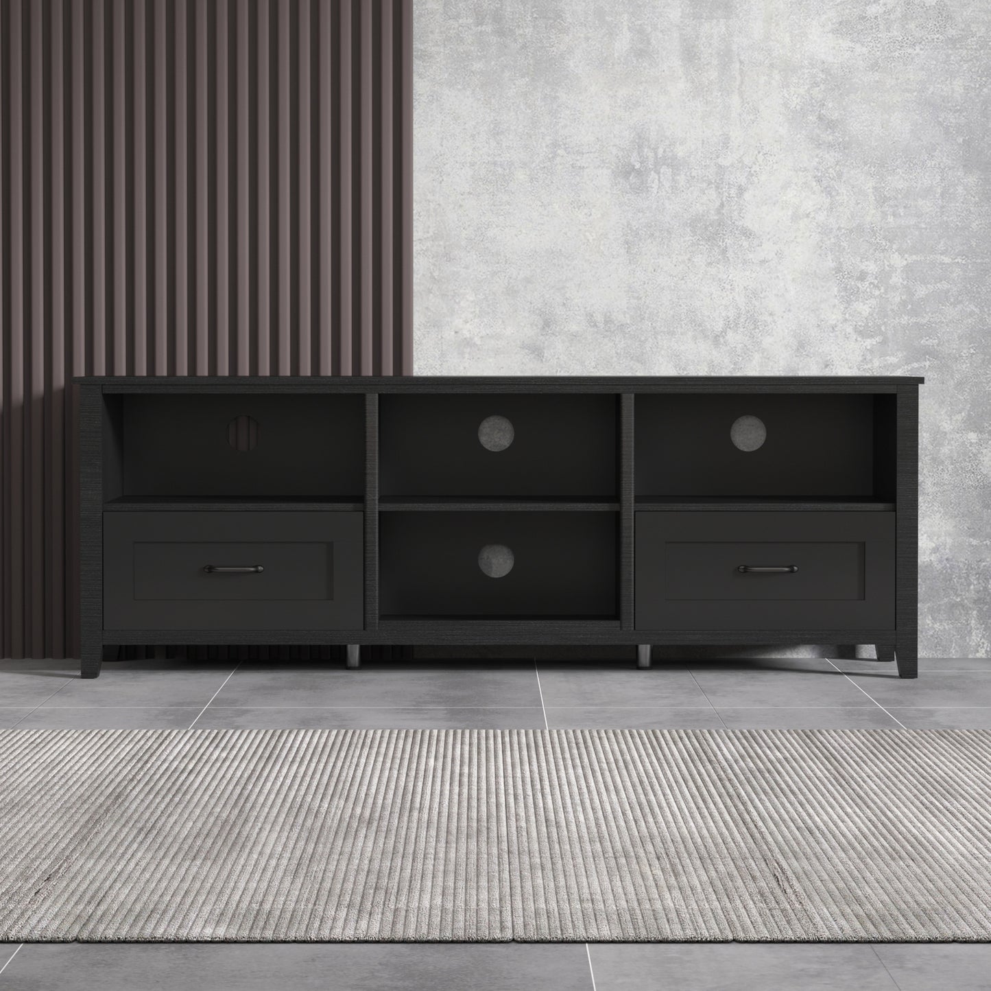70" Black TV Stand / Under TV Cabinet with Drawers & Open Storage – Modern Entertainment Unit for Living Room or Bedroom