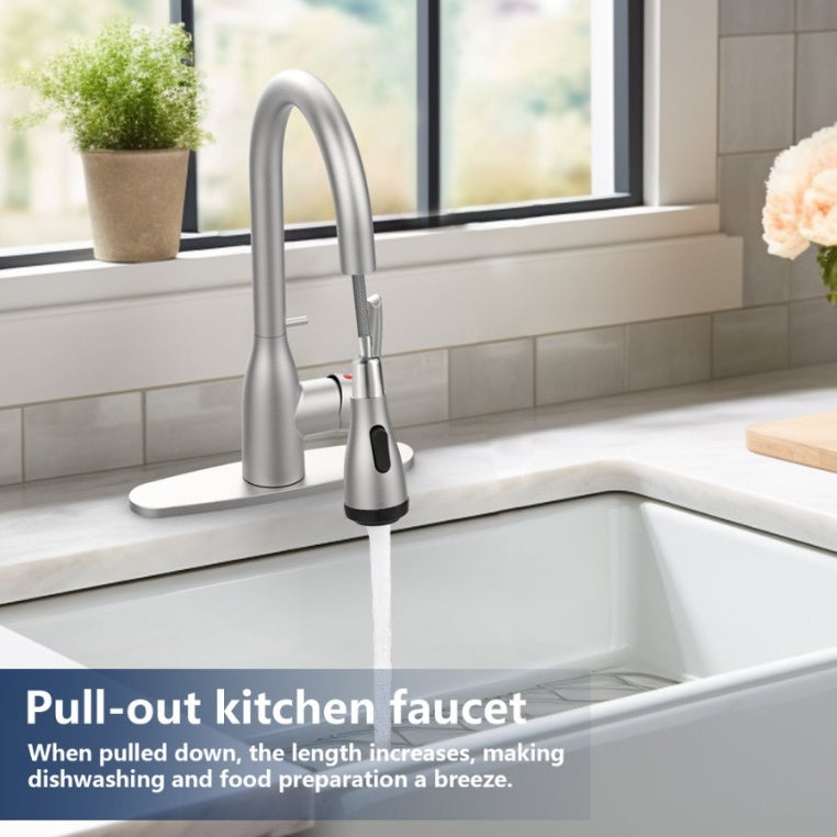 Brushed Nickel Kitchen Faucet with Pull-Down Sprayer – 4 Spray Modes, Locking Buckle, Commercial Design for Farmhouse, RV, Bar & 1/3-Hole Sinks