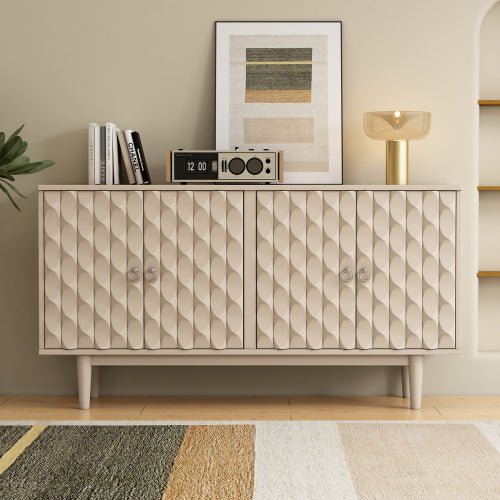 Modern 4-Door Sideboard Cabinet – Convex Panel Doors, Silver Handles, Sleek Storage for Living Room, Kitchen, or Dining Area