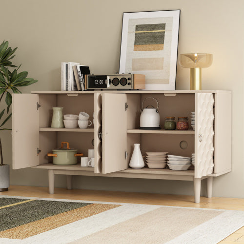 Modern 4-Door Sideboard Cabinet – Convex Panel Doors, Silver Handles, Sleek Storage for Living Room, Kitchen, or Dining Area