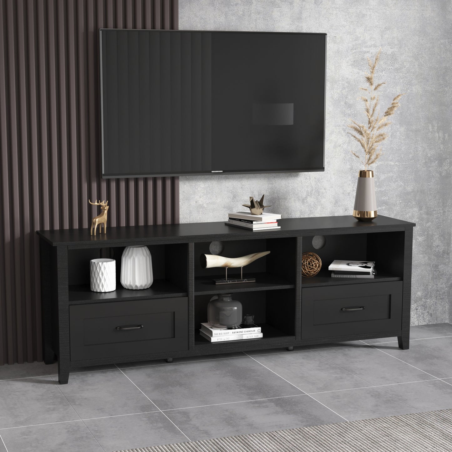 70" Black TV Stand / Under TV Cabinet with Drawers & Open Storage – Modern Entertainment Unit for Living Room or Bedroom
