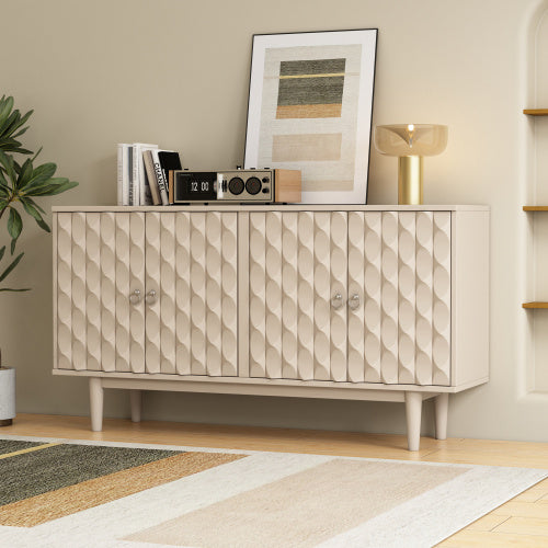 Modern 4-Door Sideboard Cabinet – Convex Panel Doors, Silver Handles, Sleek Storage for Living Room, Kitchen, or Dining Area