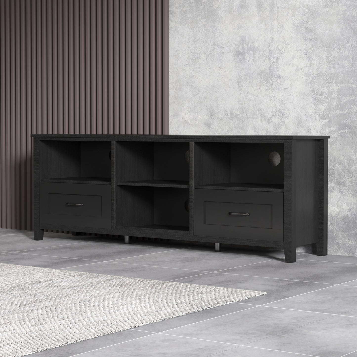 70" Black TV Stand / Under TV Cabinet with Drawers & Open Storage – Modern Entertainment Unit for Living Room or Bedroom