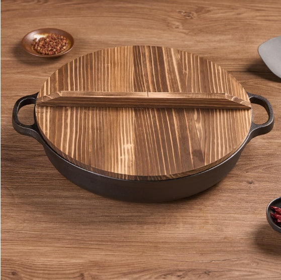 WANGYUANJI 11" Cast Iron Wok with Dual Handles & Wooden Lid – Uncoated Stir-Fry Pan for Gas & Induction, Includes Steel Wire Scrubber