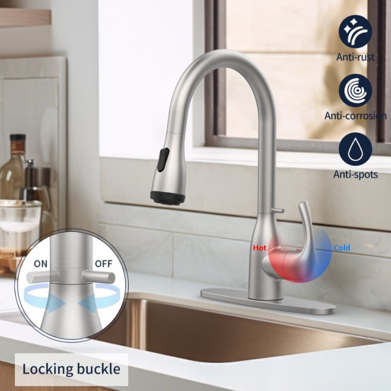 Brushed Nickel Kitchen Faucet with Pull-Down Sprayer – 4 Spray Modes, Locking Buckle, Commercial Design for Farmhouse, RV, Bar & 1/3-Hole Sinks