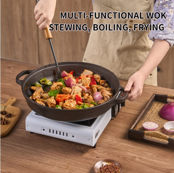 WANGYUANJI 11" Cast Iron Wok with Dual Handles & Wooden Lid – Uncoated Stir-Fry Pan for Gas & Induction, Includes Steel Wire Scrubber