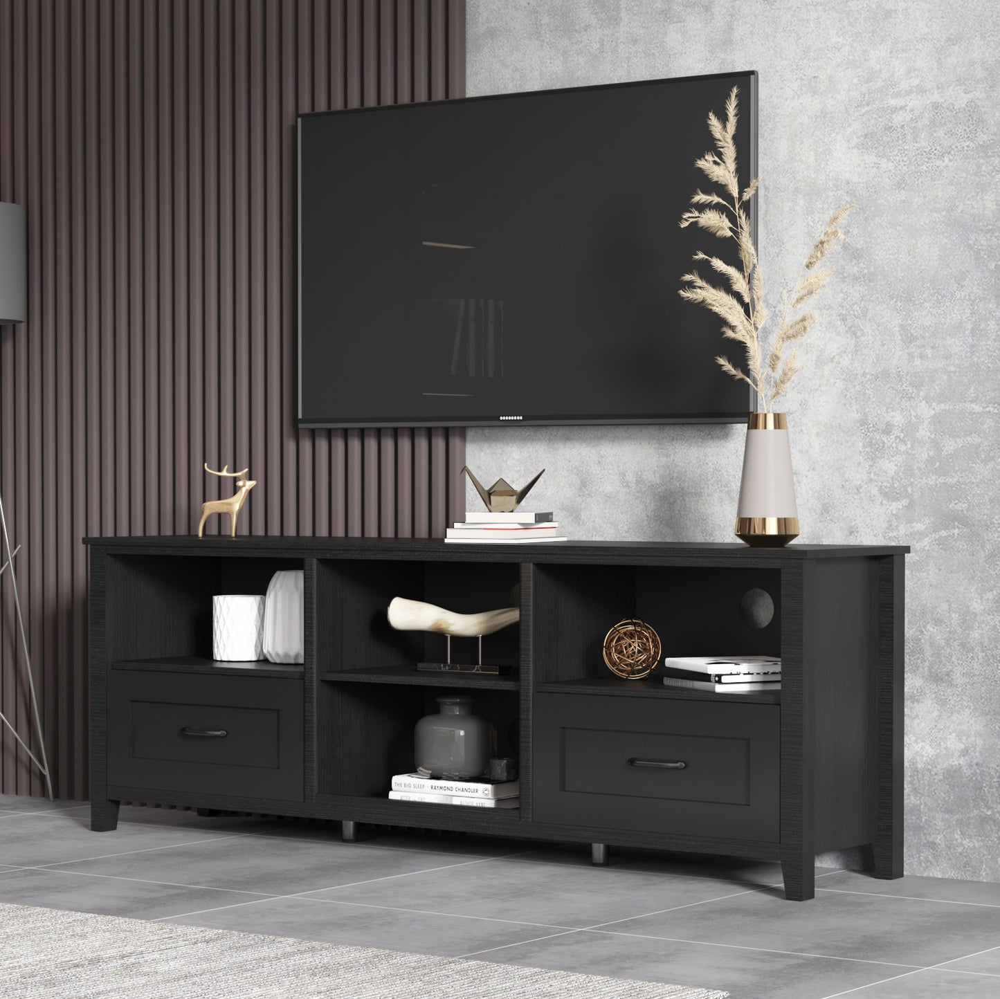 70" Black TV Stand / Under TV Cabinet with Drawers & Open Storage – Modern Entertainment Unit for Living Room or Bedroom
