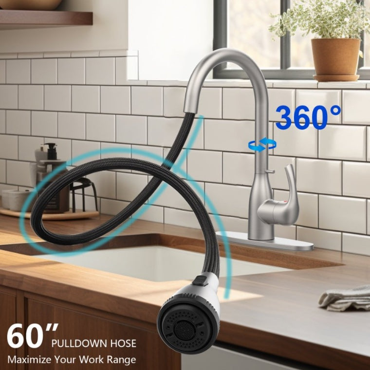 Brushed Nickel Kitchen Faucet with Pull-Down Sprayer – 4 Spray Modes, Locking Buckle, Commercial Design for Farmhouse, RV, Bar & 1/3-Hole Sinks