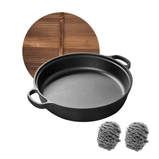 WANGYUANJI 11" Cast Iron Wok with Dual Handles & Wooden Lid – Uncoated Stir-Fry Pan for Gas & Induction, Includes Steel Wire Scrubber