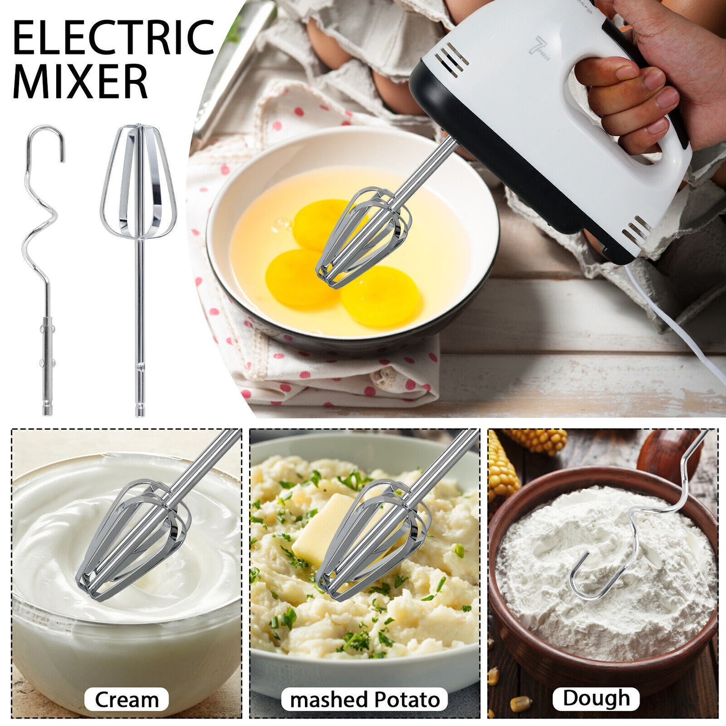 7-Speed Electric Handheld Mixer – Food Blender & Whisk for Eggs, Cakes & More