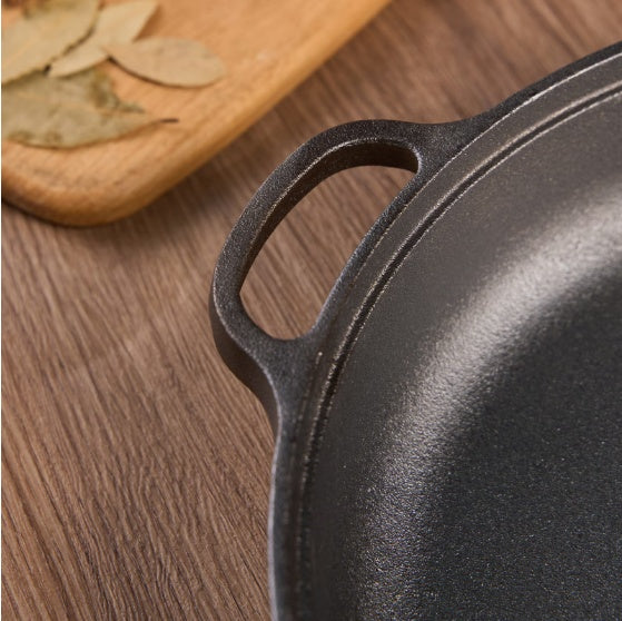 WANGYUANJI 11" Cast Iron Wok with Dual Handles & Wooden Lid – Uncoated Stir-Fry Pan for Gas & Induction, Includes Steel Wire Scrubber