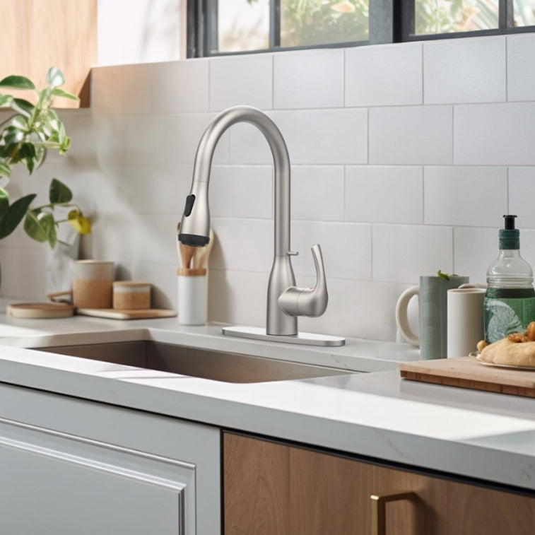 Brushed Nickel Kitchen Faucet with Pull-Down Sprayer – 4 Spray Modes, Locking Buckle, Commercial Design for Farmhouse, RV, Bar & 1/3-Hole Sinks