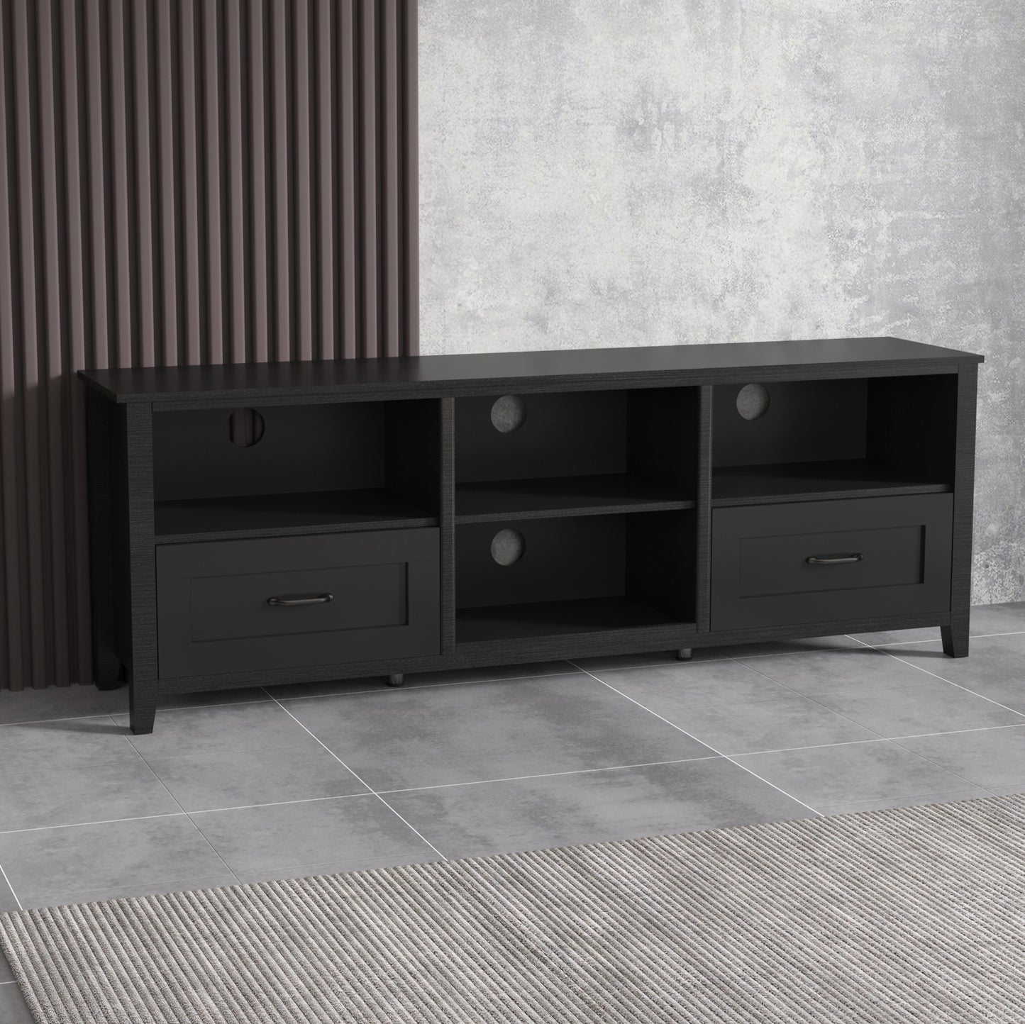 70" Black TV Stand / Under TV Cabinet with Drawers & Open Storage – Modern Entertainment Unit for Living Room or Bedroom